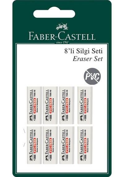 Faber-Castell Küçük Boy PVC Free 8'li Beyaz Silgi Seti,Yumuşak Yapı, Toz Bırakmaz, Çevre Dostu