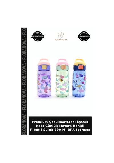 Premium Çocukmatarası İçecek Kabı Günlük Matara Renkli Pipetli Suluk 600 Ml Bpa İçermez Çok Renkli