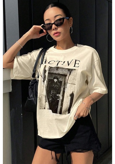 Uyguntarz Unisex Active Baskılı Oversize Tshirt Bej