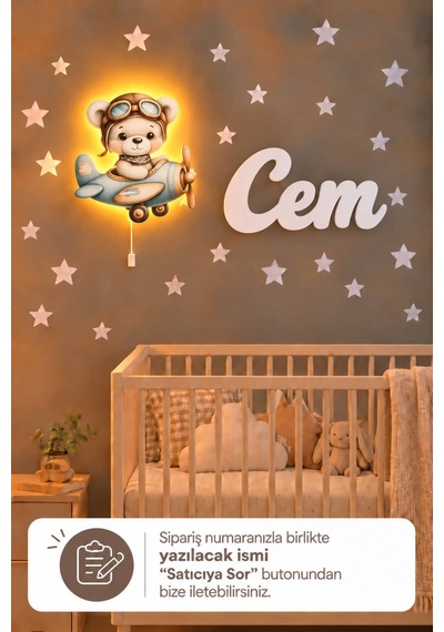 Ahşap Ayıcıklı Lamba & Işıksız İsimlik Seti İsimli Bebek Ve Çocuk Odası Dekoru Mavi