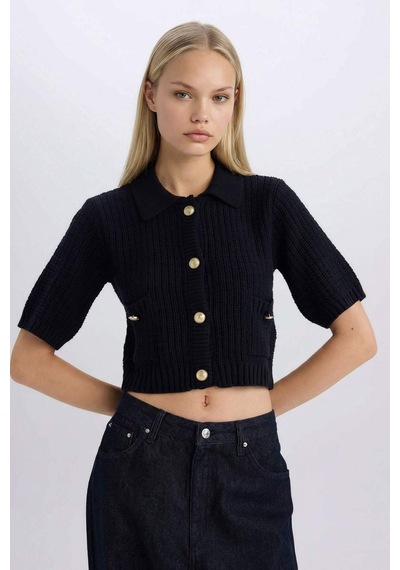 DeFacto Cropped Fit Gömlek Yaka Düğmeli Triko Kısa Kollu Hırka E1977AX24WNNV134
