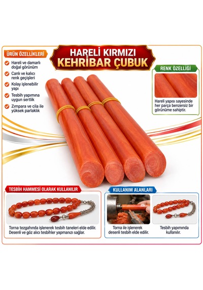 Hareli Galalith - Hareli Damarlı Kehribar Çubuk - Kırmızı Hareli