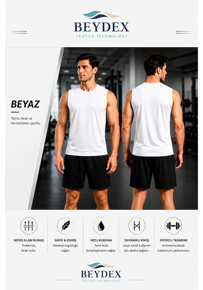 Beydex Erkek Nem Emici Hızlı Kuruma Atletik Teknik Sporcu Sıfır Kol T-shirt Gym Beyaz