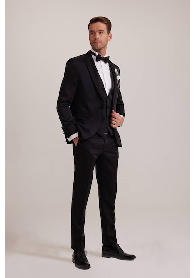 Ysf Erkek Siyah Yelekli Kırlangıç Yaka Slim Fit Damatlık