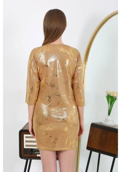 Modi Moda Çizgi Kadın Micro Kumaş Mini Parlak Elbise 7420 Sarı