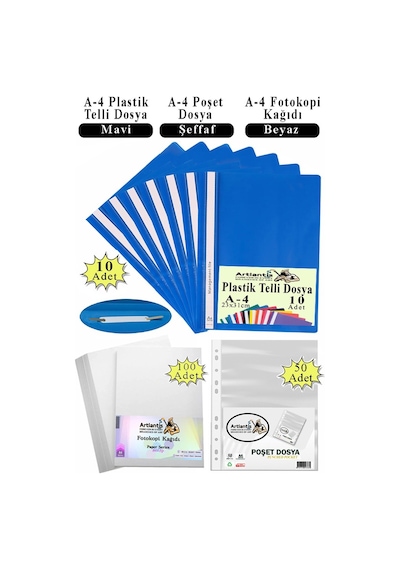 Telli Dosya Plastik A4 10 Lu Poşet Dosya 50 Li A4 Fotokopi Kağıdı 100 Adet 1 Paket Ekonomik Kaliteli Şeffaf Kapak Dosya Mavi