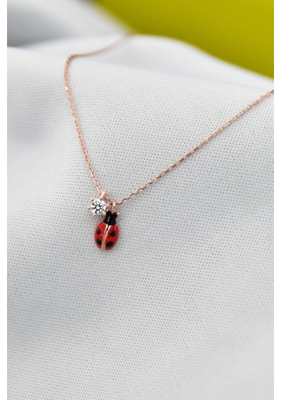 Papatya Silver 925 Ayar Gümüş Rose Kaplama Tektaş Uğur Böceği Kolye