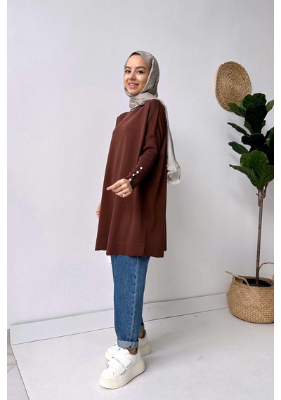Kahijab Kol Detay Merserize Tunik - Kahverengi