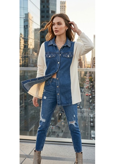 Stormwear Çift Kumaş Detaylı Taşlı Denim Gömlek Beyaz