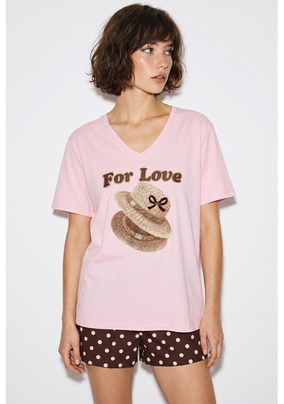 Kadın V Yaka For Love Nakış Ve Boncuk İşlemeli Oversize T-shirt 2240 60286329 - Pudra