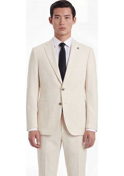 Sabri Özel Ekru Slim Fit 6 Drop Mono Yaka Modal Kumaş Lastikli Bel Astarsız Takım Elbise