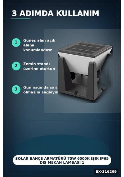 Solar Bahçe Armatürü 75w 6500k Işık Ip65 Dış Mekan Lambası 1 Adet Bx-316269 Diğer