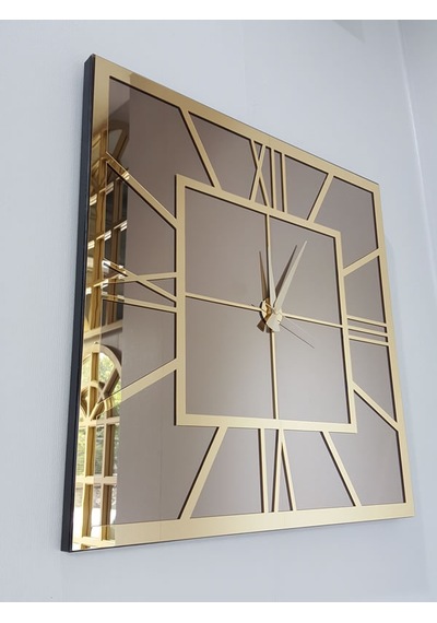 Ayna Denizi Golden Quare Bronze Model Altın Bronz Renk 60 CM x 60 CM Dekoratif Aynalı Duvar Saati Altın
