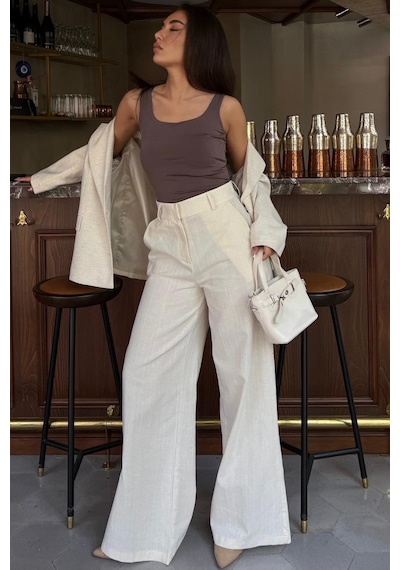 Madmext Ekru Yüksek Bel Keten Wide Leg Pantolon Mg2718