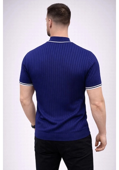 Erkek Fitilli Triko Dokuma Kısa Kol Tişört Yarım Boğaz Modern Yazlık T-shirt - Lacivert