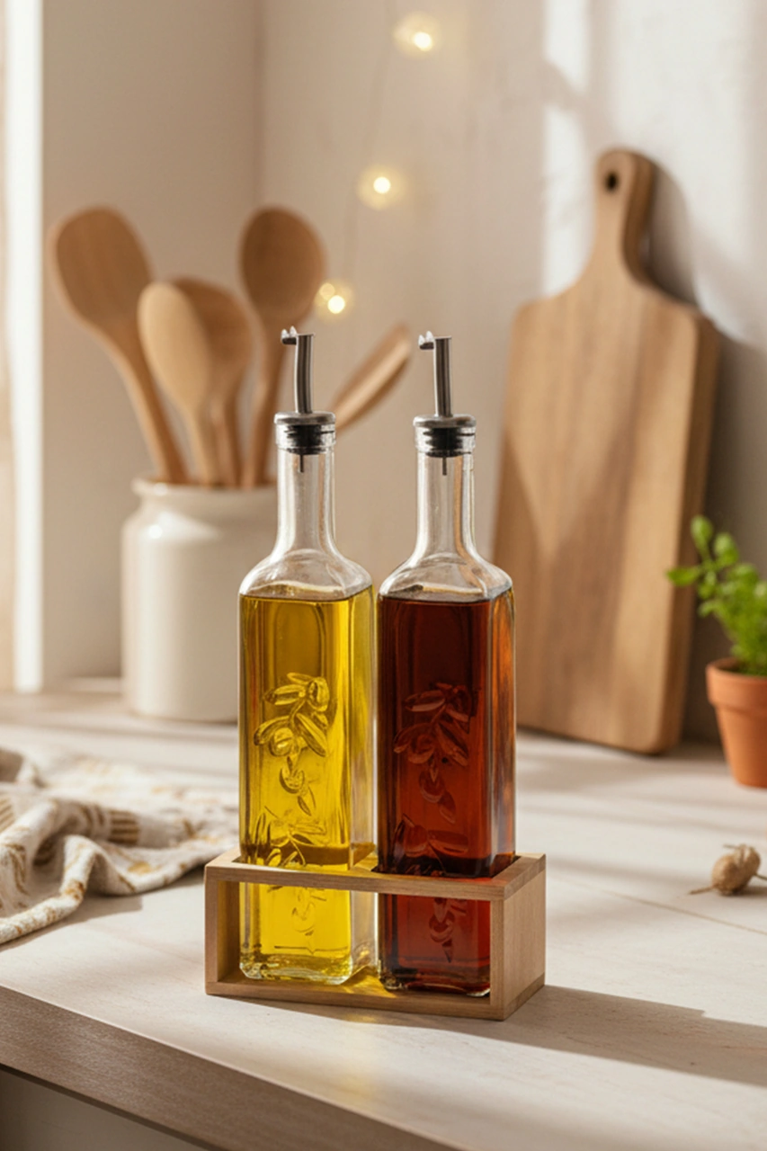 Snippy Olea - 2'li Ahşap Yüksek Standlı Cam Zeytinyağı Şişesi Yağdanlık Damlatmaz Yağlık Sirkelik 500ml Ahşap