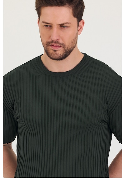 Tarz Cool Erkek Bisiklet Yaka Fitilli Kısa Kollu Ince Triko T-shirt Haki