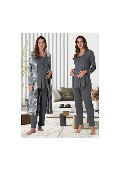 Effortt Dvina Lohusa Hamile Desenli Sabahlıklı Uzun Kollu Pijama Takımı - Füme Füme
