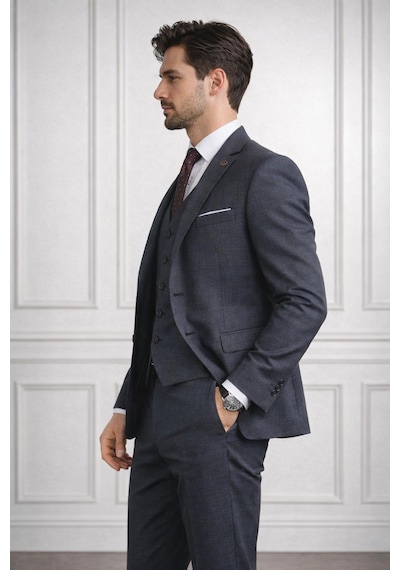 Fabio Cassel Slim Fit Mono Yaka Çift Yırtmaçlı Astarlı Takım Elbise Yelekli Lacivert