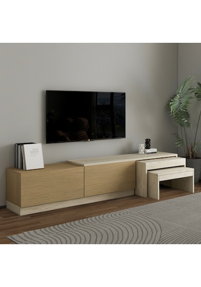 Nest Tv Sehpası Modern Tasarım,2 Kapaklı Depolama Ve İkili Zigon Sehpa İle Fonksiyonel Mobilya Meşe Nest Tv Sehpası Modern Tasarım,2 Kapaklı Depolama Ve İkili Zigon Sehpa İle Fonksiyonel Mobilya Meşe