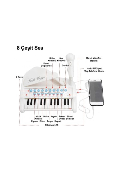 Mikrofonlu 24 Tuşlu Pembe Çocuk Piyanosu - Telefon Bağlantılı Eğitici Işıklı Org Müzik Seti
