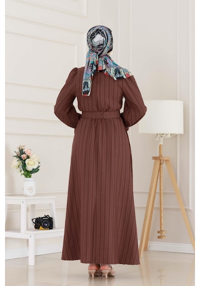 Sevitli Kolu Volanlı Kemerli Henna Elbise-kahverengi-5054 Kahverengi