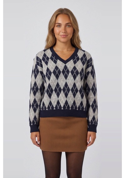 Fashion Friends Baklava Desenli Lacivert Kadın Kazak 26k0074k1