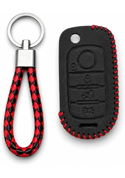 Autohan Keys Egea Uyumlu Deri Anahtar Kılıfı, 3 Buton, Siyah, Kırmızı Örgülü Anahtarlık Dahil