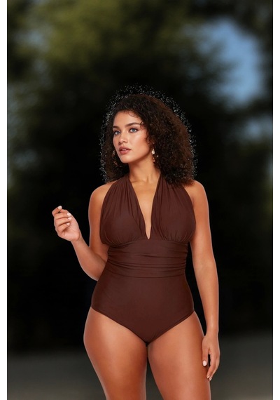 Ersefa Konforlu Plus Size Mayo Tasarım Büyük Beden Su Sporları İçin Yüks Kahverengi