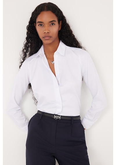Tudors Kadın Slim Fit Dar Kesim Vucüda Oturan Uzun Kollu Gizli Düğme Detaylı Beyaz Basic Gömlek-35320 Beyaz