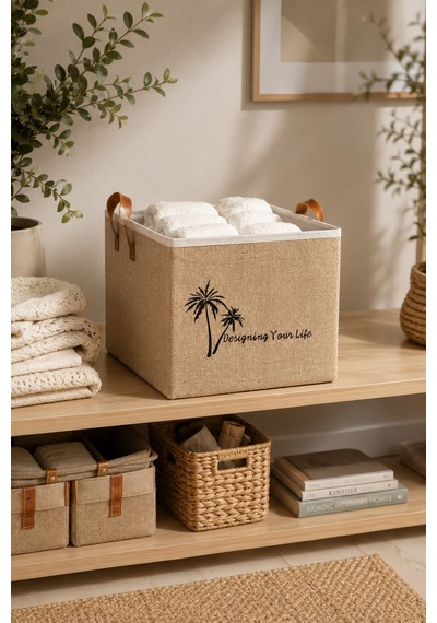 Jüt Dolap Düzenleyici Saklama Kutusu 33x33x33 Cm Katlanabilir Çok Amaçlı Organizer Sepet Doğal