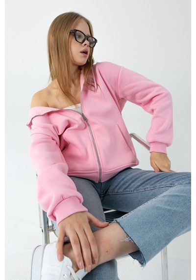 Giysa Kadın Kapüşonlu Fermuarlı Şardonlu 3ip Sweatshirt Pembe - 9015 - 264401 Pembe