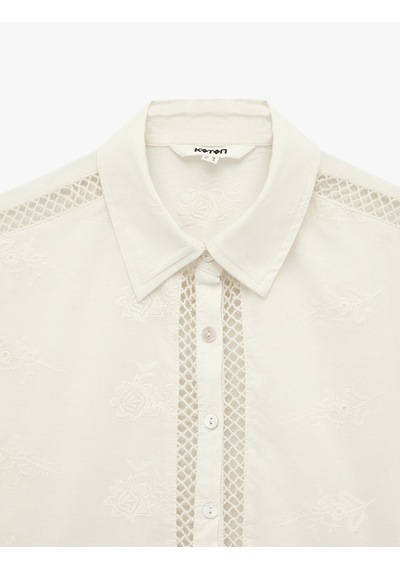 Koton Pamuklu Floral Dokulu Dantel Kroşe Detaylı Kısa Kollu Crop Gömlek Ekru 6sak60237uw