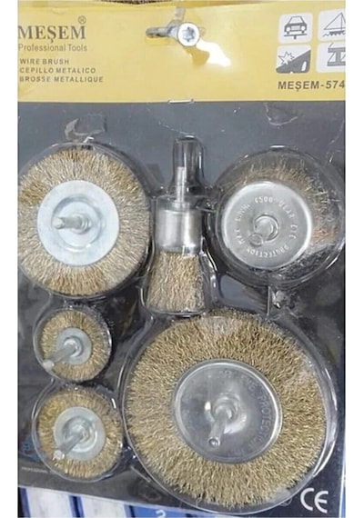 6 Parça Pimli Matkap Tel Fırça Seti 38mm+50mm+75mm+100mm Dairesel +25mm Kalem+75mm Çanak