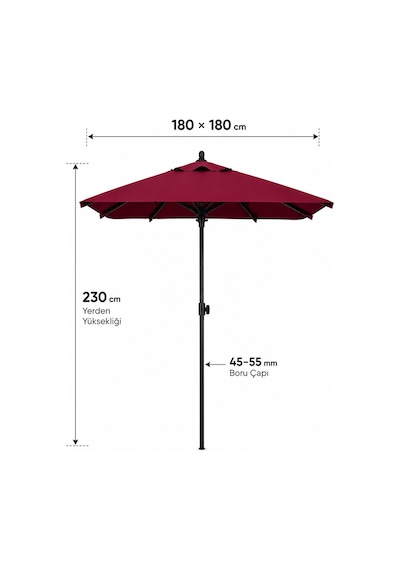 Alubrella Bordo 210x210 Kare 8 Çelik Tel Bahçe Şemsiyesi Bidonlu