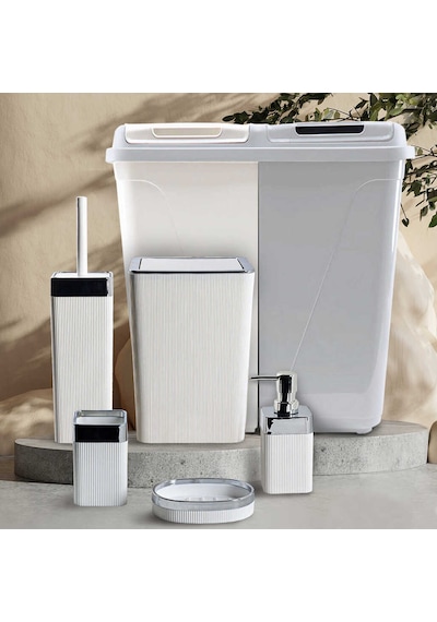 Violet Still Çamaşır Sepetli 6 Parça Kare Banyo Seti Beyaz - Gri