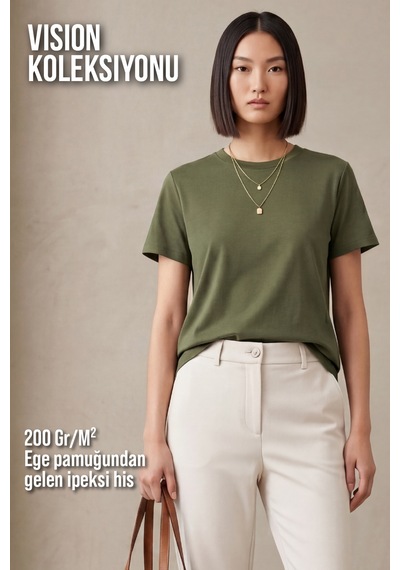 Goffra Kadın Vision Bisiklet Yaka Premium Kalite Yoğun Dokulu Pamuklu T-shirt Haki W101-r0220-05 Goffra Kadın Vision Bisiklet Yaka Premium Kalite Yoğun Dokulu Pamuklu T-shirt Haki W101-r0220-05