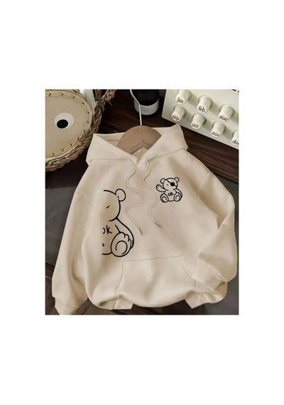 Herkesemoda Ayıcık Baskı Detaylı Kapüşonlu Sweatshırt Bej