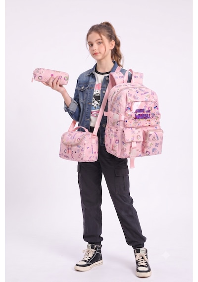 Waddell Kawaii Kore Tarzi Twil Kumas Desenli Sirt Cantasi Beslenme Cantasi Ve Kalemlikli Uclu Se Pembe