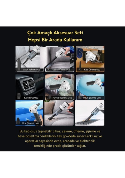 Dossimo Nitro X2 Kablosuz Araç İçi Süpürge Katlanabilir Çok Amaçlı Güçlü Vakum Çanta  Siyah Gri