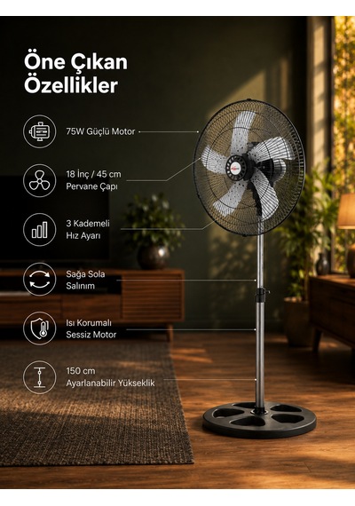 Microstar 18" 45cm Ayaklı Vantilatör 75w 3 Kademeli Salınımlı 5 Kanat Alüminyum Pervane - Msr-2618