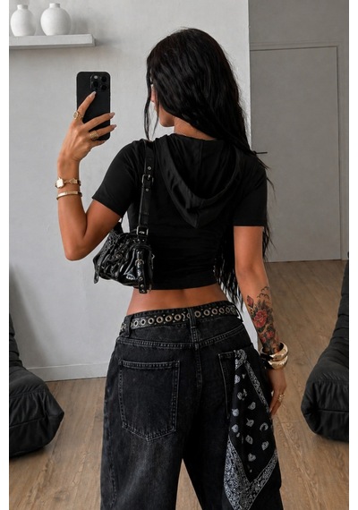 Tarz Cool Kapüşonlu Crop Tişört Fermuarlı Kısa Kollu Kadın Üst Body Siyah