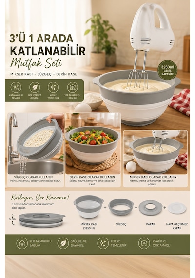 Porsima S-00113 Katlanabilir Süzgeç Mikser Karıştırma Kabı Seti