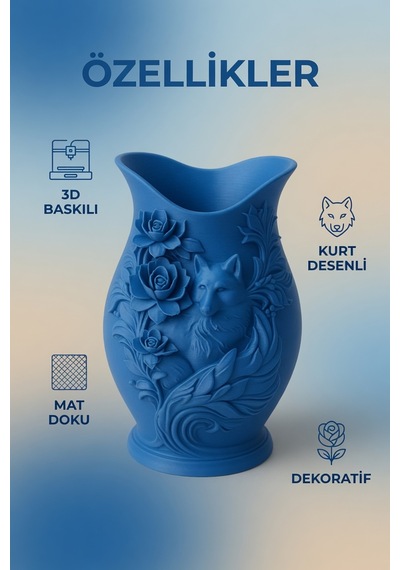 Kurt Desenli Gül Kabartmalı Dekoratif Vazo Mat Dokulu Ev Ofis Salon Masa Raf Süsü Çiçeklik 15x10 Cm Mavi