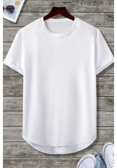 Cool Tarz Erkek Beyaz Bisiklet Yaka Oval Etek Salaş %100 Pamuk Basic T-shirt Beyaz Beyaz