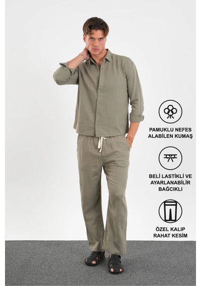 Flare Kışlık Baggy Pantolon Oversize Gömlek Alt Üst Takım %100 Pamuk Haki