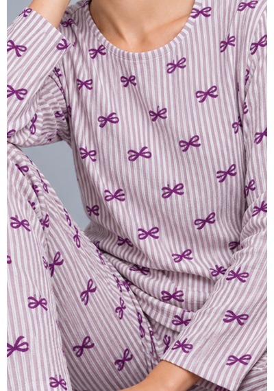 Kadın Çizgili Rahat Desenli İkili Mor Pijama Takımı 4809