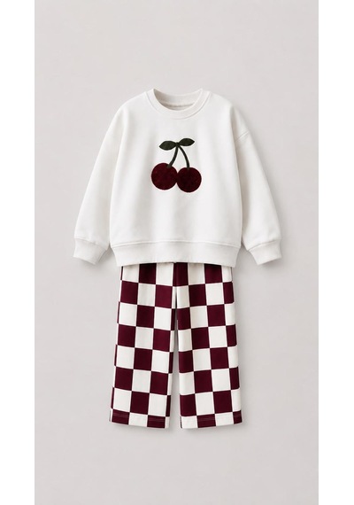 Mila Mood Kız Çocuk Kiraz Nakışlı Sweatshirt Bordo Ekose Bol Paça Pantolon 2'li Takım Krem