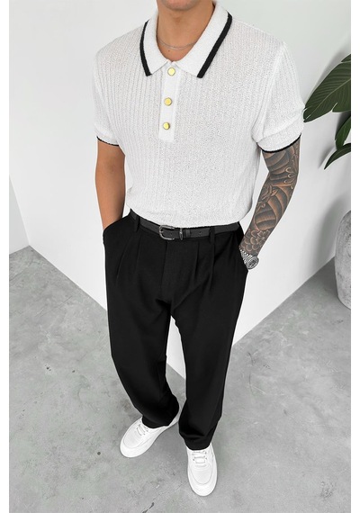 Beyaz Old Money Oversize Polo Yaka Tişört Beyaz