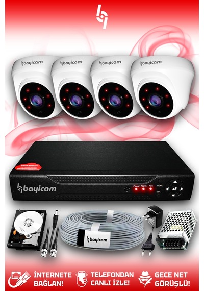 Bayicam 4 Kameralı Dome 4 İç Kamera Set 1 TB HDD Full HD Gece Görüşlü Güvenlik Kamerası Sistemi